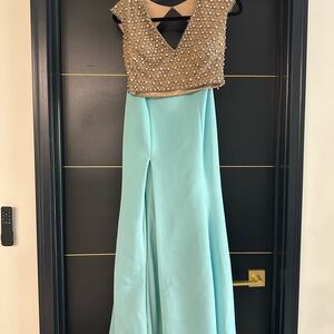 Terani Couture Beaded Gold and Aqua Prom Dress